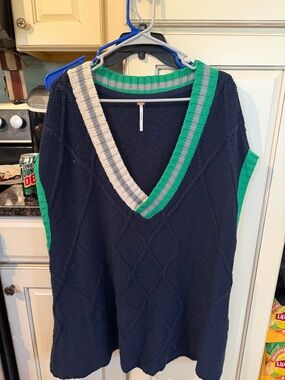 Free People Navy Vest with Green Stripe and White Trim